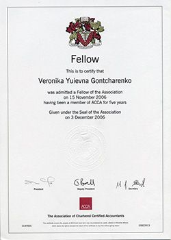 Fellow Membership Certificate issued by the Association of Chartered Certified Accountants (ACCA)